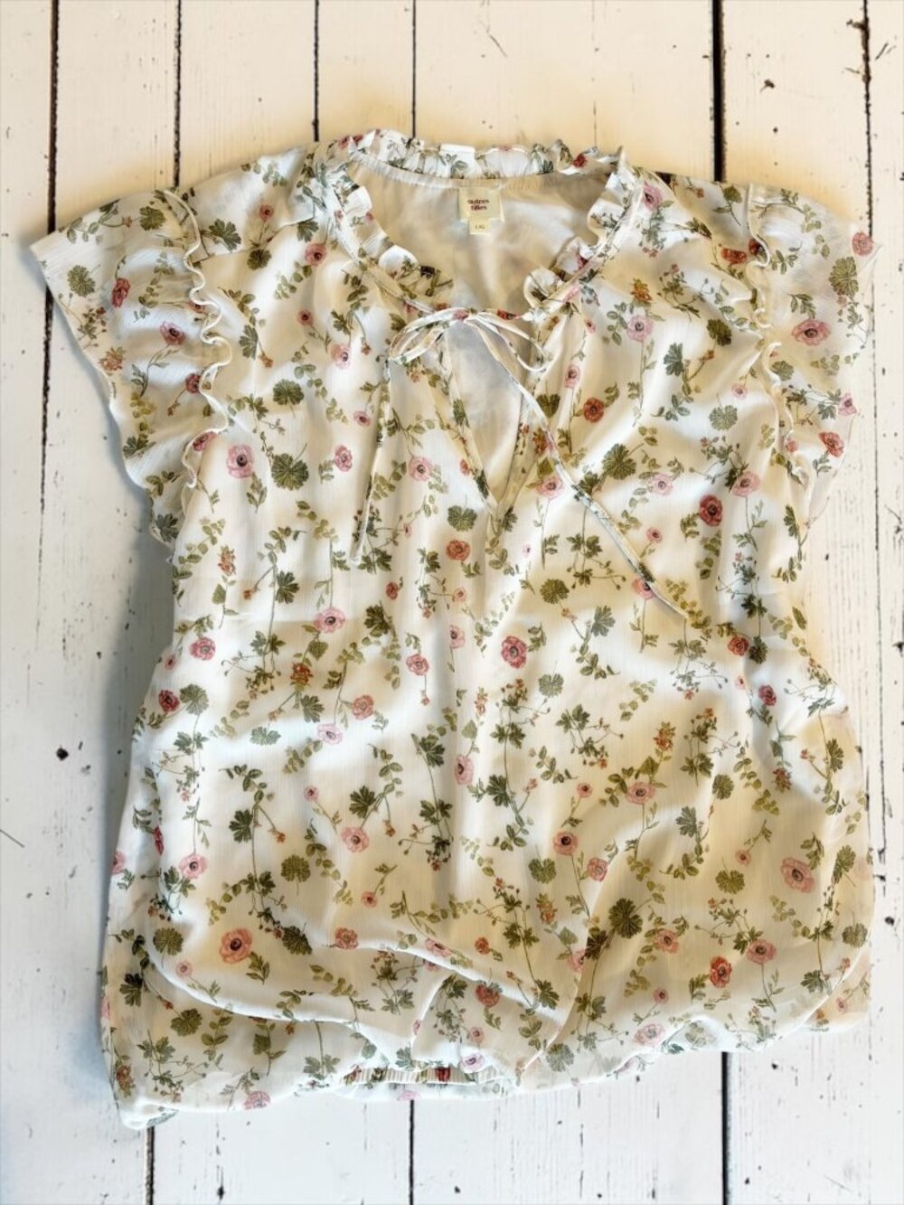 Autres Filles Floral Blouse Cream Pink Cottagecore Flutter Sleeve Top L